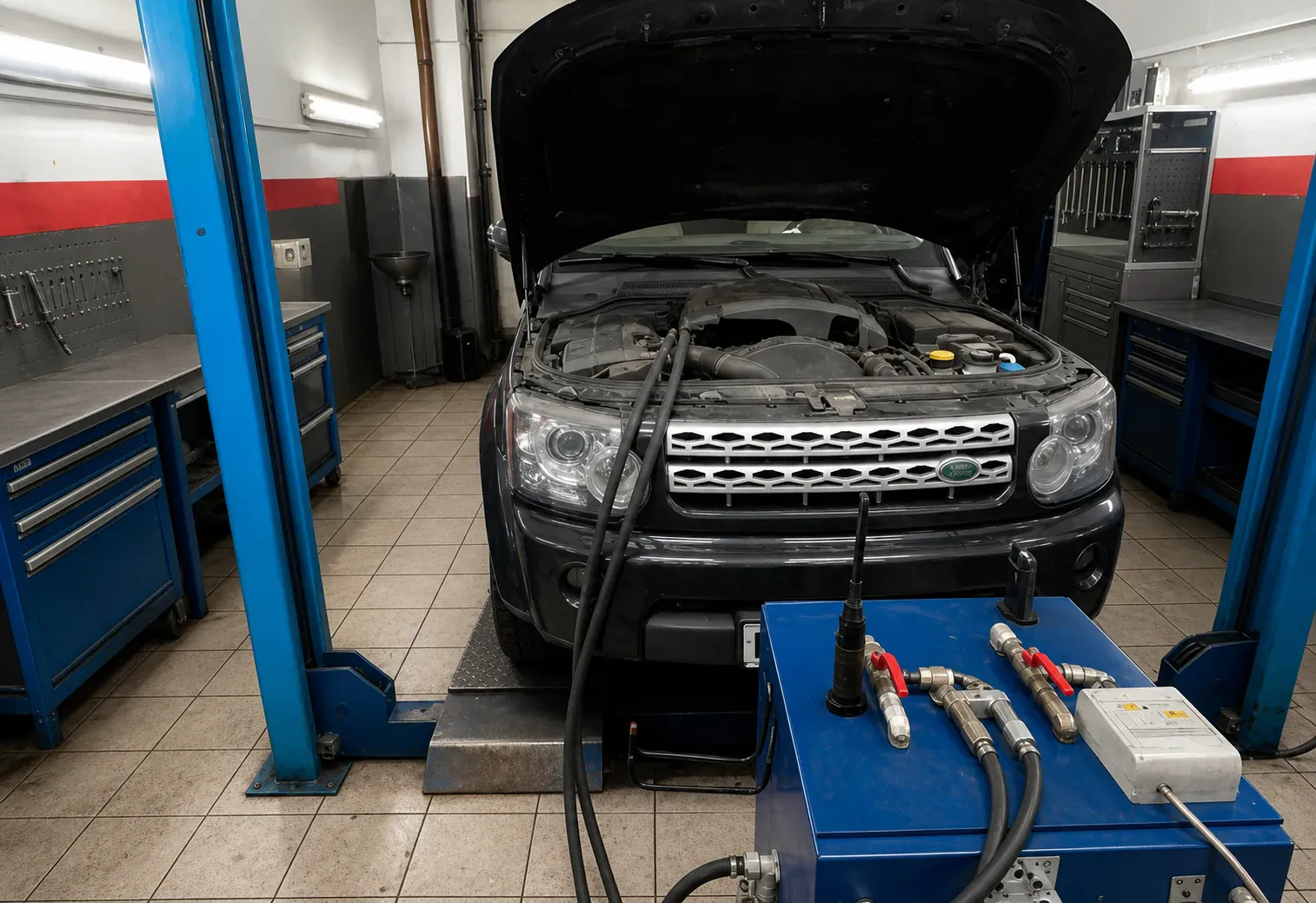 Промывка радиатора отопителя Land Rover Discovery через промывочную установку