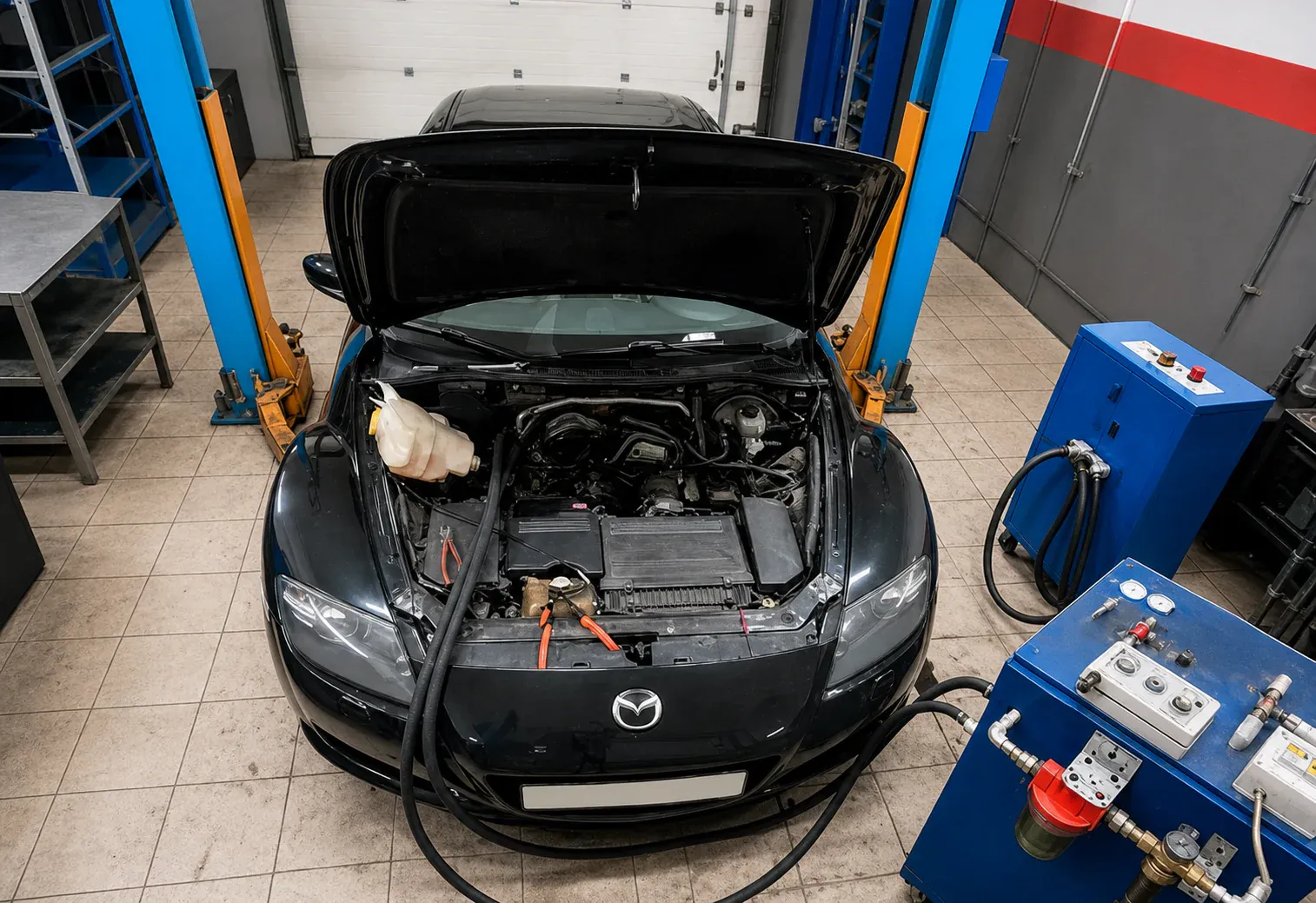 Промывка радиатора отопителя Mazda RX-8 в боксе сервиса